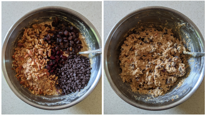 Two images: Mixing bowl with five optional ingredients on top of the batter and the results of mixing all of it together