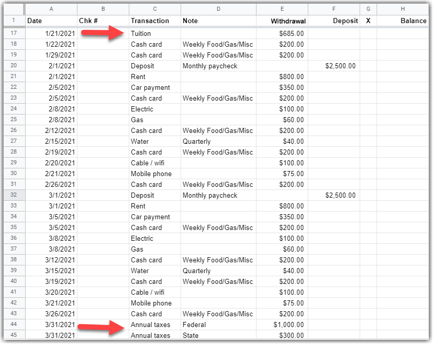 Google Sheet screenshot pointing out tuition and annual taxes added to the plan