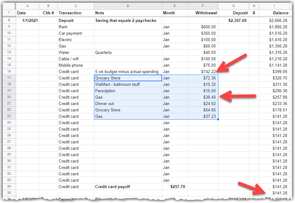 google sheet shows Example credit card spending is inserted to see the formula work