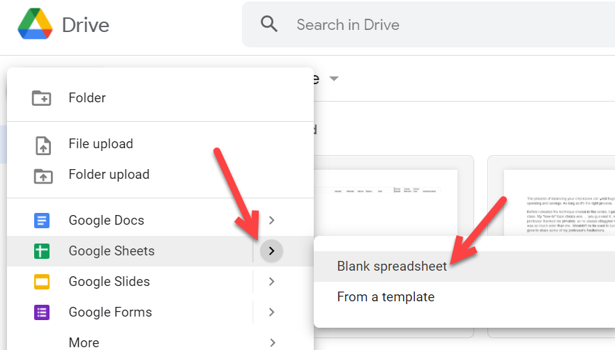 Google drive menu with arrow pointing to Google Sheets